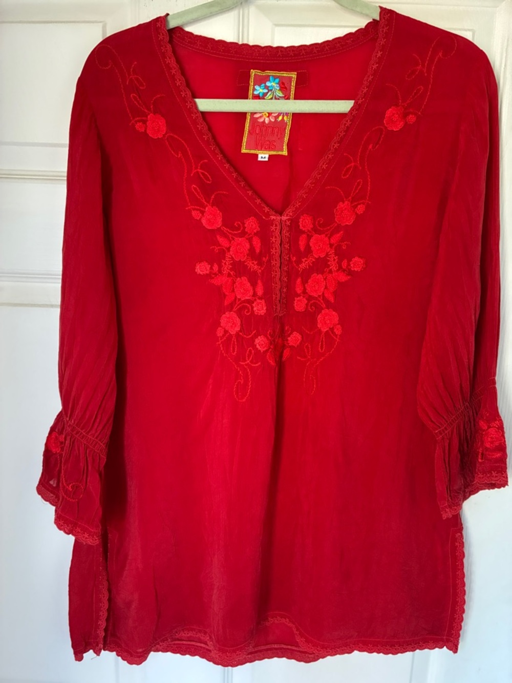 Johnny Was Red Embroidered V-Neck Blouse